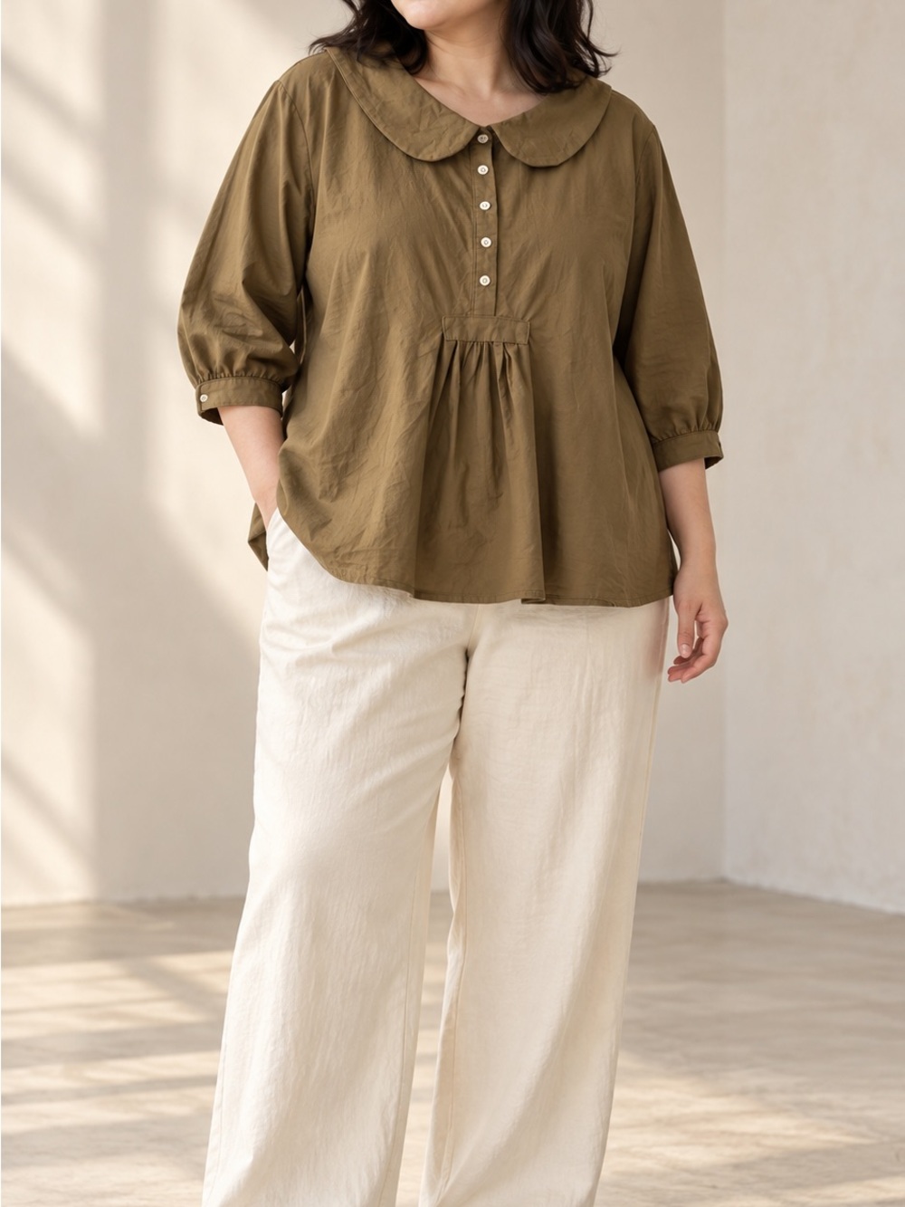 MISSLOOK XL Olive Brown Peter Pan Collar Pleated Cotton Blend Blouse